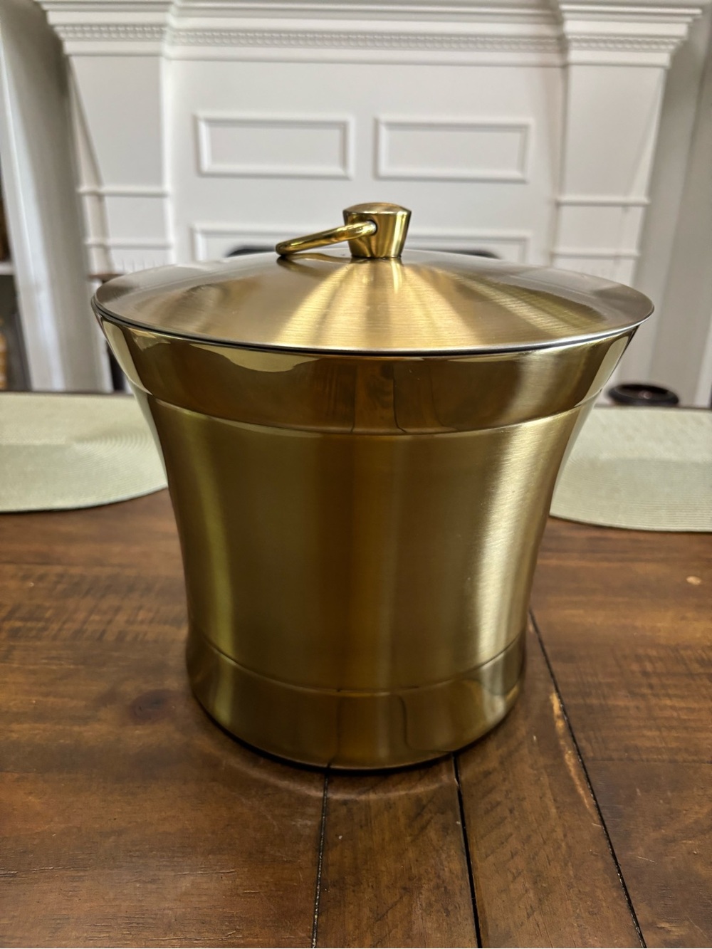 Frontgate gold metal ice bucket with handle and lid